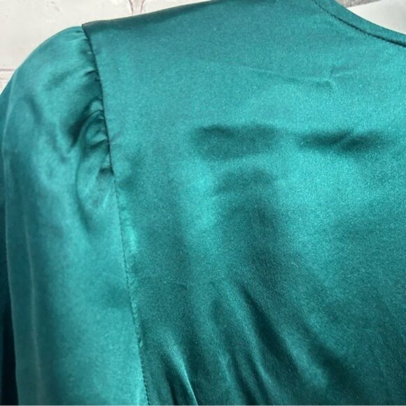 Reformation Starlight Wrap-Over puffed sleeve silk mini dress emerald size XS - Picture 9 of 13